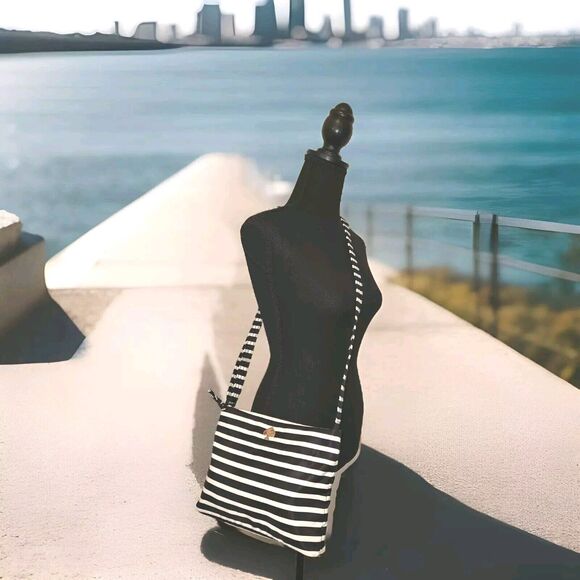 Kate Spade Flatiron Nylon Cammy Crossbody Handbag Black And White Stripe 11x8x2
